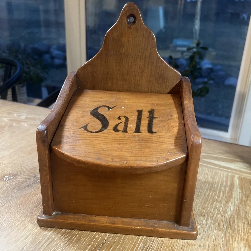 Vintage Wall Hanging Wooden Salt Box Recipe Holder w/ Original Pattern Farmhouse